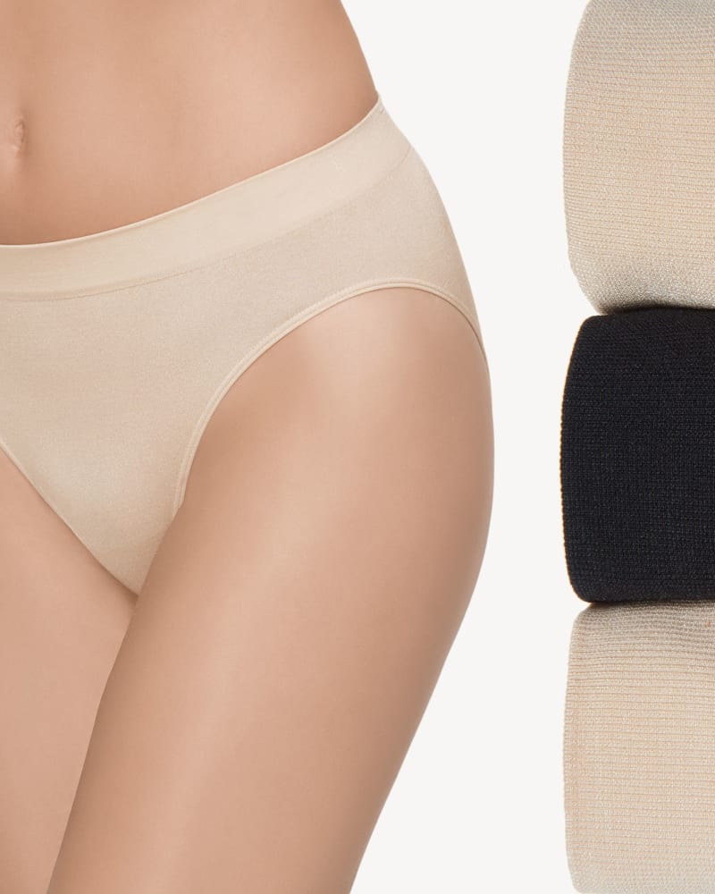 Front of a model wearing a size X Large B Smooth HI Cut Panty 3 Pack in Basic 1 by Wacoal. | dia_product_style_image_id:303993